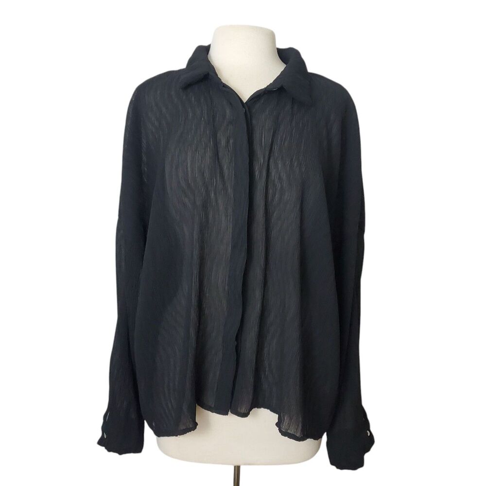 Lulus Button Up Blouse XL Black Textured Crinkle Sheer Oversized Top Long-Sleeve